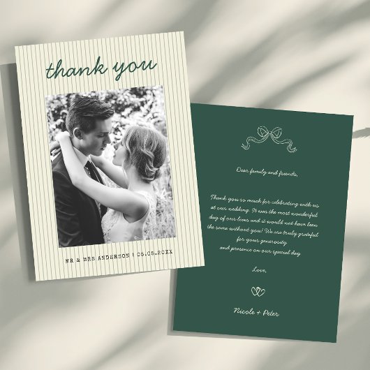 Vintage Handwritten Green Stripes Photo Wedding Bedankkaart