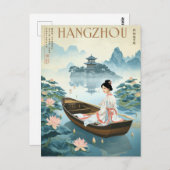 Vintage Hangzhou West Lake Boat Briefkaart (Voorkant / Achterkant)