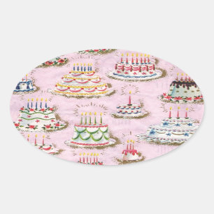 Vintage Happy Birthday Cakes Ovale Sticker