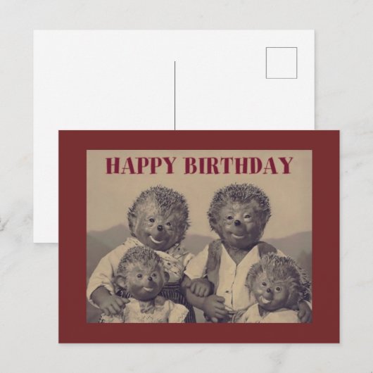 Vintage Happy Birthday Hedeegel familie Feestdagenkaart (Voorkant / Achterkant)