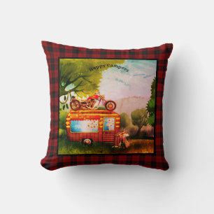 Vintage Happy Campers Trailer Trash Buffalo Plaid Kussen