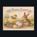 Vintage Happy Easter Bunny and Chick  Briefkaart<br><div class="desc">Celebrate spring with this charming vintage-style Easter illustration featuring a fluffy chick, a sweet bunny, and pastel Easter eggs surrounded by delicate wildflowers. Inspired by antique storybook and Victorian postcard art, this soft nostalgic design captures the warmth and joy of Easter time. This timeless Easter artwork brings cozy cottagecore charm...</div>