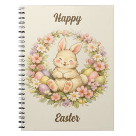 Vintage Happy Easter Bunny Floral Wreath Notitieboek