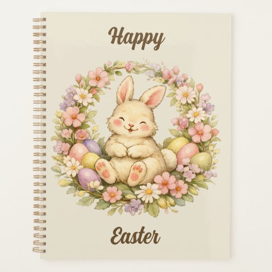 Vintage Happy Easter Bunny Floral Wreath Planner (Voorkant)