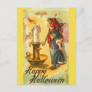 Vintage Happy Halloween-meisje blaast kaarle uit Briefkaart