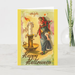 Vintage Happy Halloween Meisje dat Kaars Uitblaast Kaart