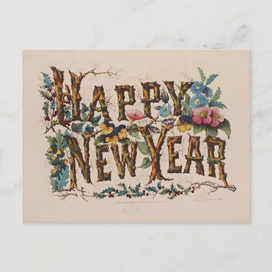 Vintage "Happy New Year" Botanical Lettering Briefkaart (Voorkant)