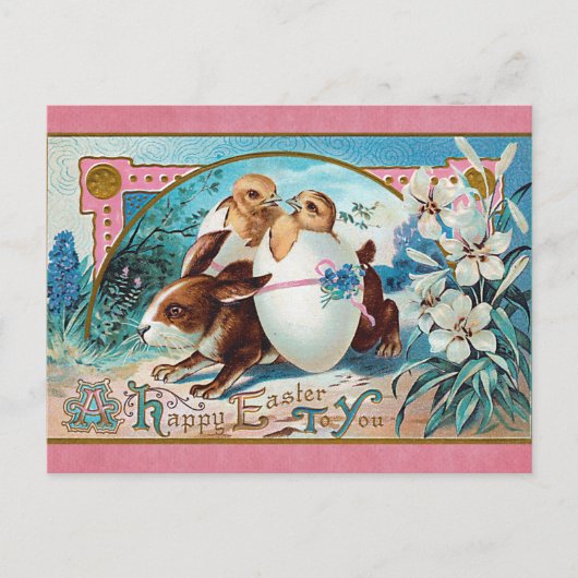 Vintage Happy Paast Cute Rabbit Chicken Egg Briefkaart (Voorkant)