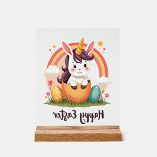 Vintage Happy Pasen Eenhoorn Regenboog Ei Schattig Acryl Bord