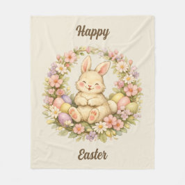 Vintage Happy Pasen Konijn Bloemenkrans Fleece Deken