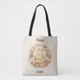 Vintage Happy Pasen Konijn Bloemenkrans Tote Bag