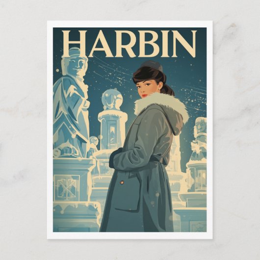 Vintage Harbin IJsstad Vrouw Briefkaart (Voorkant)