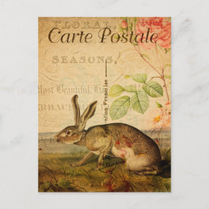 Vintage Hare Rabbit Floral Flowers French Briefkaart
