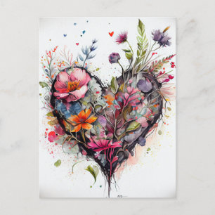 Vintage hart en waterverf Bloemen romantische kaar Briefkaart