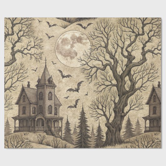 Vintage Haunted House & Full Moon Cadeaupapier (Vlak)
