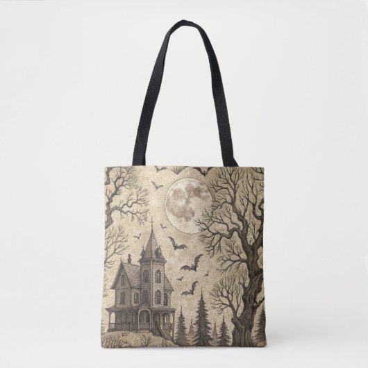 Vintage Haunted House & Full Moon Tote Bag (Voorkant)