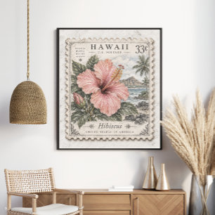 Vintage Hawaïaanse Hibiscus Postzegel Tropisch Poster