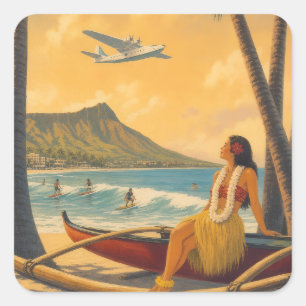 Vintage Hawaiaanse Hula Meisje Aloha Ontsnapping P Vierkante Sticker