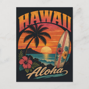 Vintage Hawaiaanse Zonsondergang Palmen Surfplank Feestdagenkaart