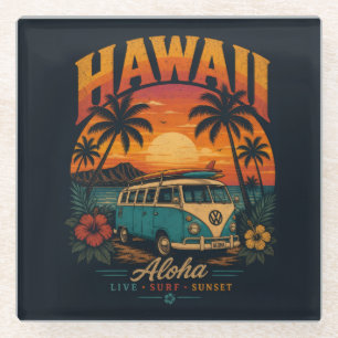 Vintage Hawaiaanse Zonsondergang Palmen Surfplank Glazen Onderzetter