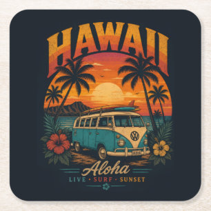 Vintage Hawaiaanse Zonsondergang Palmen Surfplank Kartonnen Onderzetters