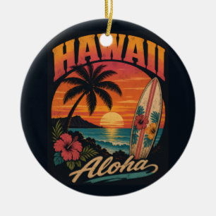 Vintage Hawaiaanse Zonsondergang Palmen Surfplank Keramisch Ornament