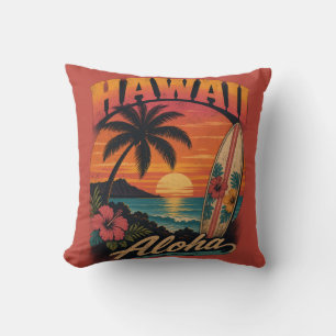 Vintage Hawaiaanse Zonsondergang Palmen Surfplank Kussen