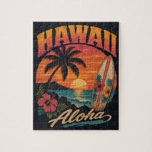 Vintage Hawaiaanse Zonsondergang Palmen Surfplank Legpuzzel