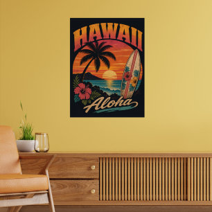 Vintage Hawaiaanse Zonsondergang Palmen Surfplank Poster