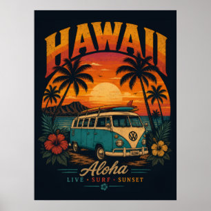 Vintage Hawaiaanse Zonsondergang Palmen Surfplank Poster