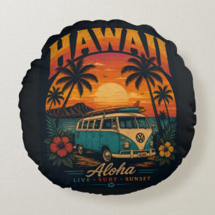 Vintage Hawaiaanse Zonsondergang Palmen Surfplank Rond Kussen