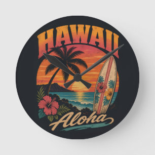 Vintage Hawaiaanse Zonsondergang Palmen Surfplank Ronde Klok