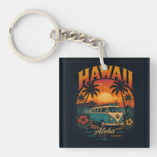 Vintage Hawaiaanse Zonsondergang Palmen Surfplank Sleutelhanger