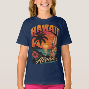 Vintage Hawaiaanse Zonsondergang Palmen Surfplank T-shirt