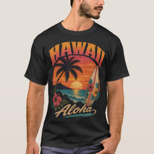 Vintage Hawaiaanse Zonsondergang Palmen Surfplank T-shirt
