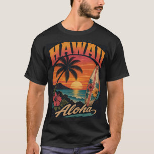 Vintage Hawaiaanse Zonsondergang Palmen Surfplank T-shirt