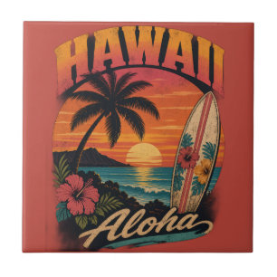 Vintage Hawaiaanse Zonsondergang Palmen Surfplank  Tegeltje