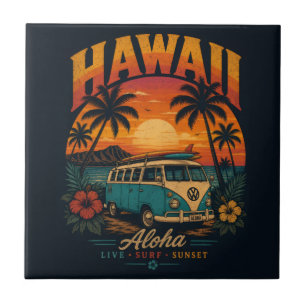 Vintage Hawaiaanse Zonsondergang Palmen Surfplank  Tegeltje