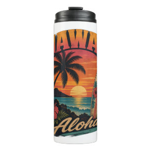 Vintage Hawaiaanse Zonsondergang Palmen Surfplank Thermosbeker