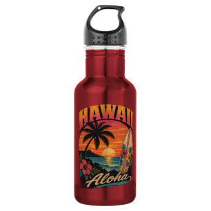 Vintage Hawaiaanse Zonsondergang Palmen Surfplank Waterfles