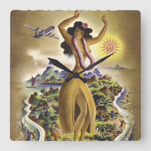 Vintage Hawaii 2 Vierkante Klok (Voorkant)