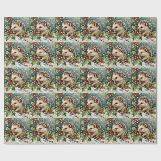 Vintage Hedgehog Among Holly Christmas Cadeaupapier (Vlak)