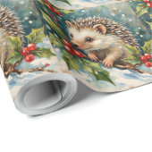Vintage Hedgehog Among Holly Christmas Cadeaupapier (Rol Hoek)