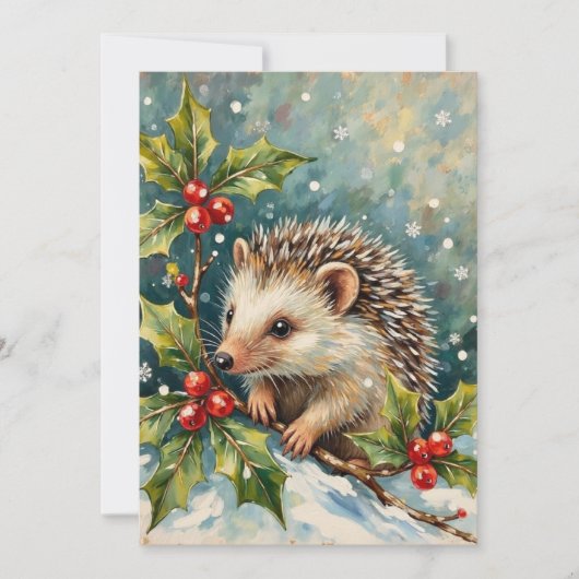 Vintage Hedgehog Among Holly Christmas Feestdagenkaart (Voorkant)