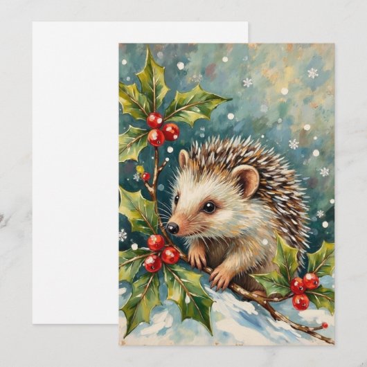 Vintage Hedgehog Among Holly Christmas Feestdagenkaart (Voorkant / Achterkant)