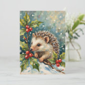 Vintage Hedgehog Among Holly Christmas Feestdagenkaart (Staand voorkant)