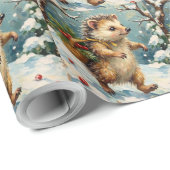 Vintage Hedgehog with Christmas Berry Basket Cadeaupapier (Rol Hoek)