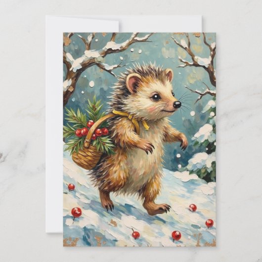 Vintage Hedgehog with Christmas Berry Basket Feestdagenkaart (Voorkant)