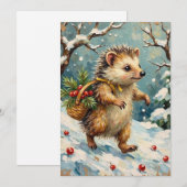Vintage Hedgehog with Christmas Berry Basket Feestdagenkaart (Voorkant / Achterkant)