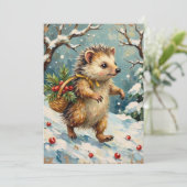 Vintage Hedgehog with Christmas Berry Basket Feestdagenkaart (Staand voorkant)